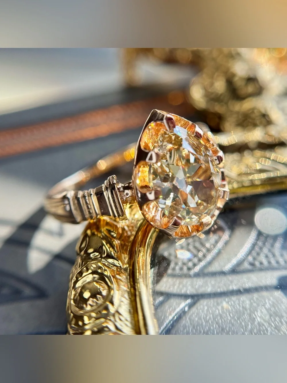 2.14 carat GIA Fancy Yellow-Brown Antique Cut Pear Natural Diamond Ring